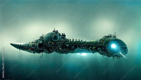 Futuristic dieselpunk style sci-fi submarine exploring deep sea ...