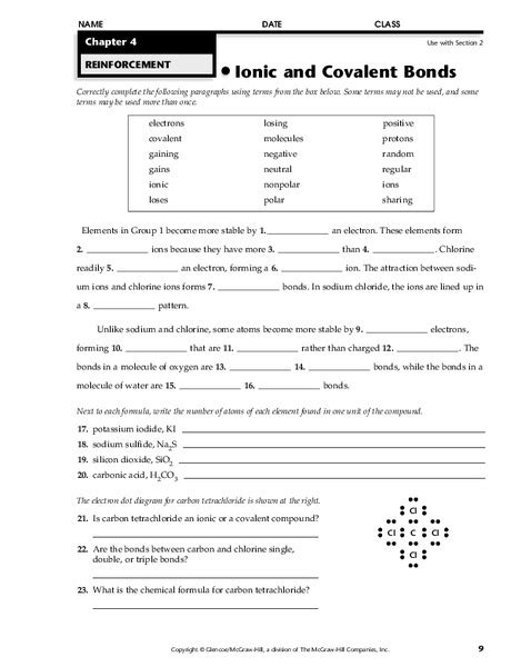 Ionic and Covalent Bonds Worksheet for 9th - 11th Grade | Lesson Planet