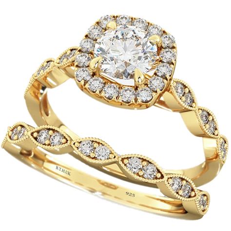 925 Sterling Silver Ladies Halo Cubic Zirconia Rings Set - Gold Tone