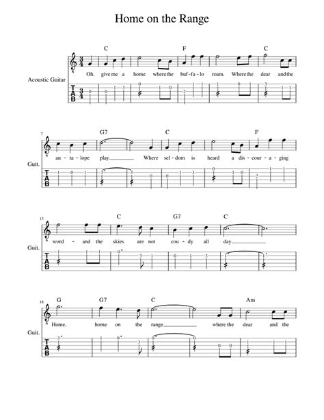 Home on the Range - Guitar Tabs, Chord Chart & Lyrics for Beginner ...