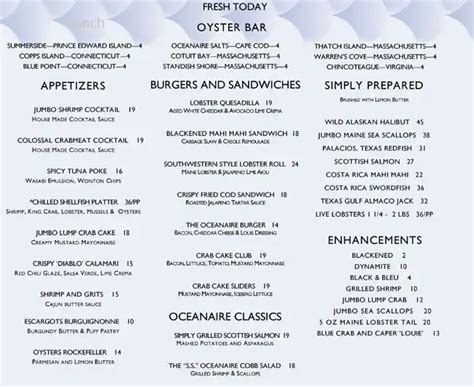 Menu at The Oceanaire Seafood Room restaurant, Dallas