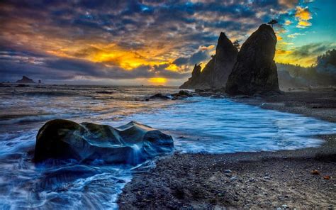 Rialto Beach, rocks, sand, Washington, sunset, trees, Olympic national ...