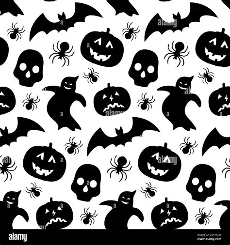 Black and white seamless pattern with pumpkin, bat, ghost and skull ...