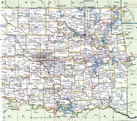 Oklahoma state county map with cities towns roads highway counties