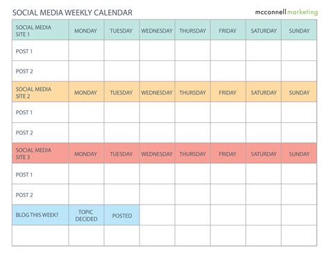 免费 Weekly Social Media Calendar | 样本文件在 allbusinesstemplates.com