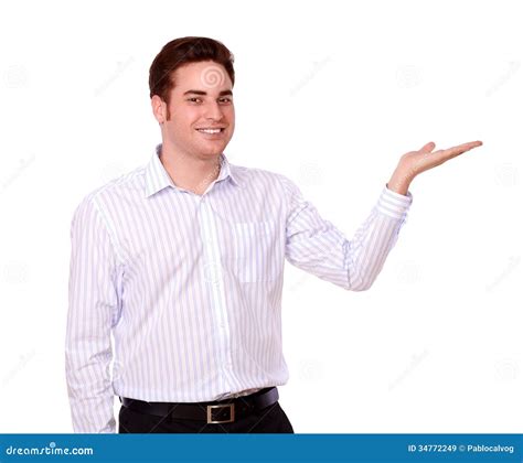 Cute Guy Holding Out His Left Hand Stock Image - Image of gesture ...