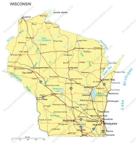 Wisconsin Map - Major Cities, Roads, Railroads, Waterways - Digital ...