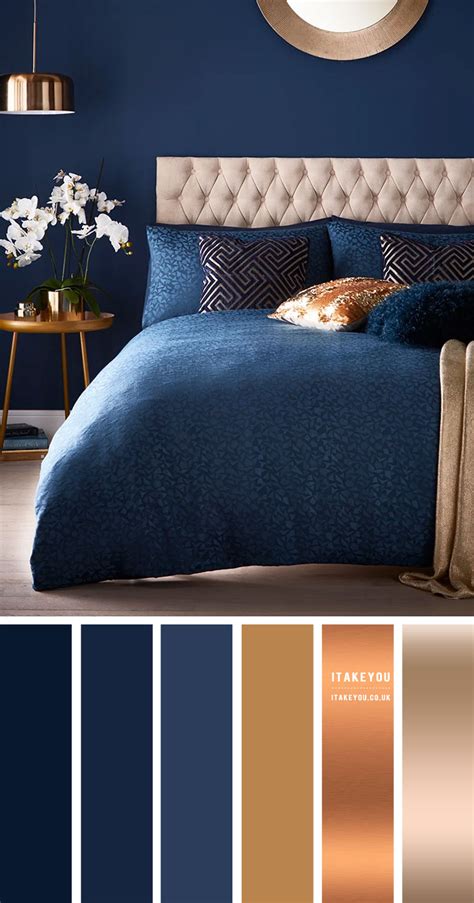 Navy Blue Bedroom with Copper, Gold and Tan accent Colours