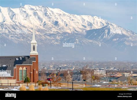 Eagle Mountain landscape against Mount Timpanogos. Scenic landscape in ...