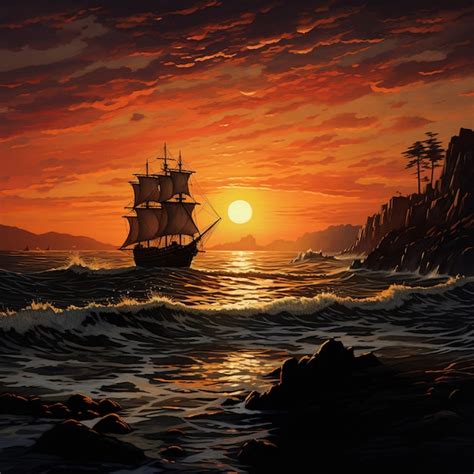 Premium Photo | A painting of a ship sailing in the ocean at sunset.