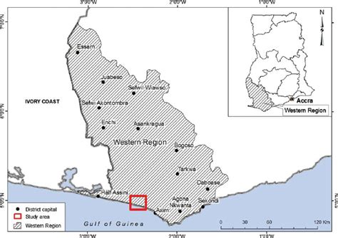 Map of Ghana showing the Western Region and location of the study area