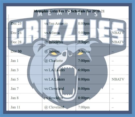 Printable Memphis Grizzlies schedule (and TV schedule) for 2020-21 ...