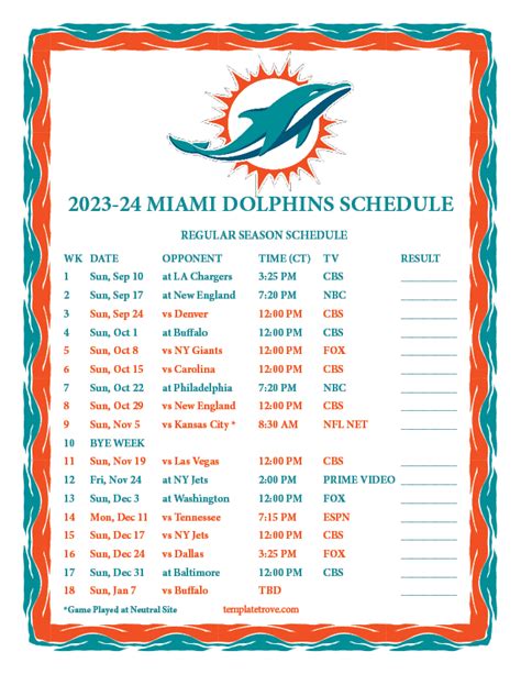 Printable 2023-2024 Miami Dolphins Schedule