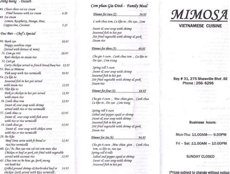 Mimosa Bar Menu