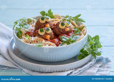 Pasta Spaghetti with Funny Meatballs for Kids Stock Photo - Image of ...