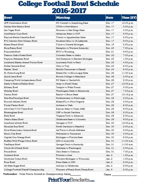 Printable College Football Bowl Schedule Pick'em | College football ...