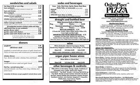 Menu at Organ Piper Pizza Palace pizzeria, Greenfield