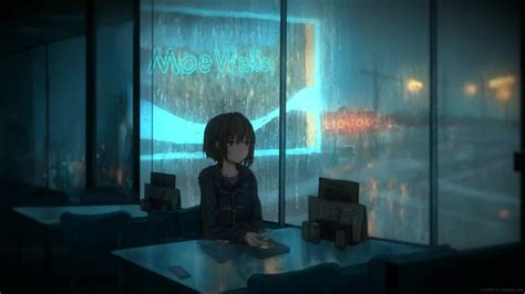 Depressed Anime Girl Coffee Shop Rainy Night Live Wallpaper - MoeWalls