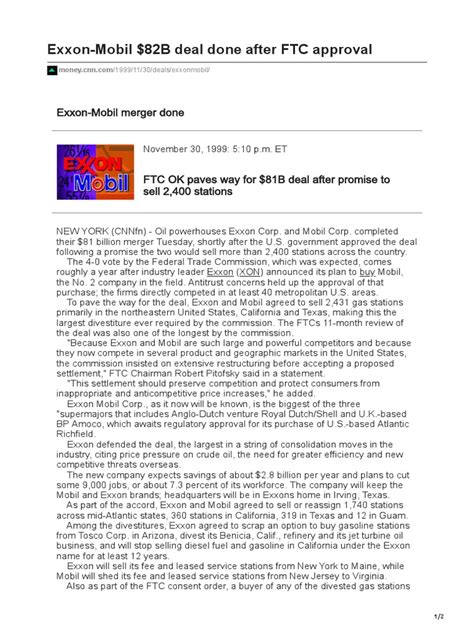 Exxon-Mobil Merger Done, CNNMoney, November 30, 1999 | PDF | Exxon ...