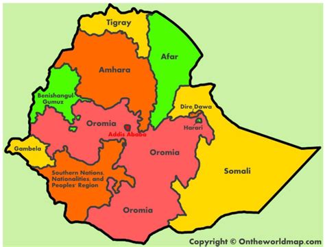 Map of Ethiopia showing the Amhara region (©2012-2020 Ontheworldmap.com ...