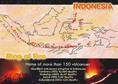 Postcard A La Carte: Indonesia - Ring of Fire Map of 150 volcanoes