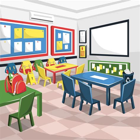 Clean Junior School Classroom With White Board Colorful Study Table And ...