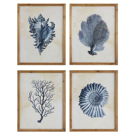 3R Studio Wall Art Wood Framed Blue Shells and Coral Framed - Set of 4 ...