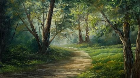 Sunlit Forest Path - Paintings By Justin | Forest painting, Fantasy ...