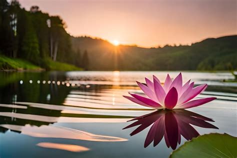 Premium AI Image | pink lotus flower on a lake at sunset