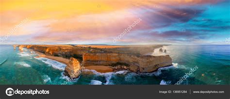 Panoramic aerial view of Twelve Apostles coastline at sunset, Gr Stock ...