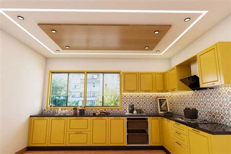 Wooden And Gypsum Multi-Layered False Ceiling Design For The Kitchen ...