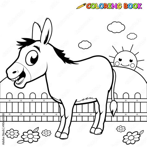 Cartoon donkey at the farm. Vector black and white coloring page Stock ...