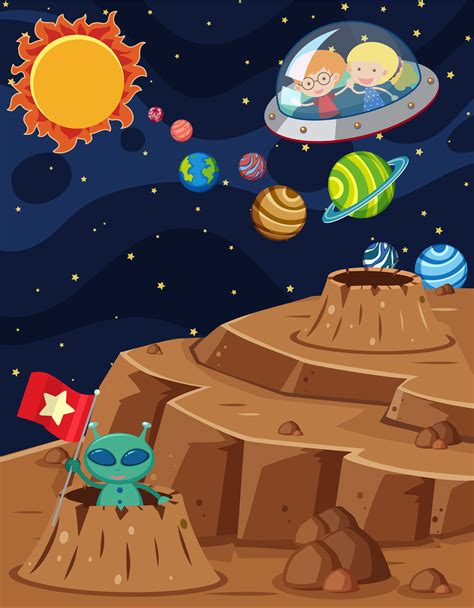 Space scene with kids riding in spaceship 606009 Vector Art at Vecteezy