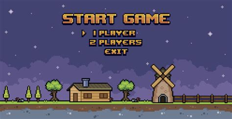 Pixel art Farm game menu. 8bit game home screen with night landscape ...