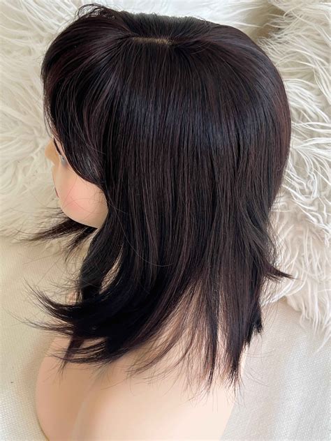 Synthetic hair toppers with bangs dark brown with burgundy highlights ...