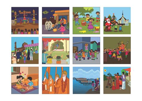 Our Festivals kids book illustration set - dussehra, deepawali, holi ...