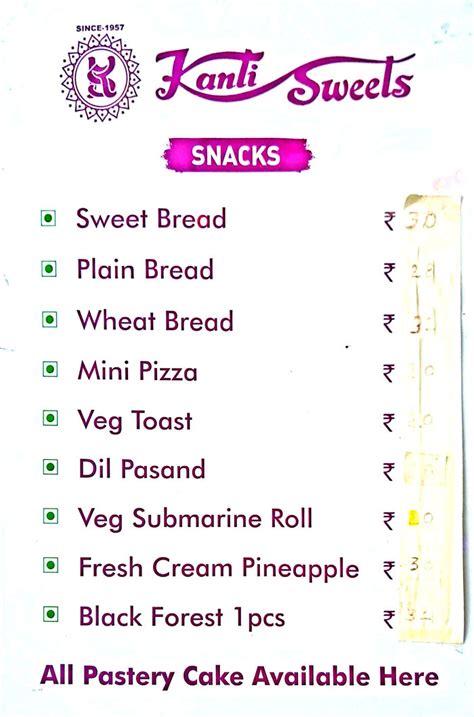 Kanti Sweets Menu and Price List for Chandra Layout, Bengaluru ...