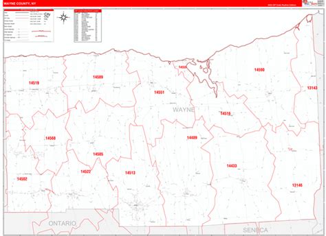 Wayne County, NY Zip Code Wall Map Red Line Style by MarketMAPS - MapSales