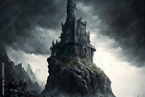 Dark fantasy gothic castle tower on a hilltop landscape illustration ...