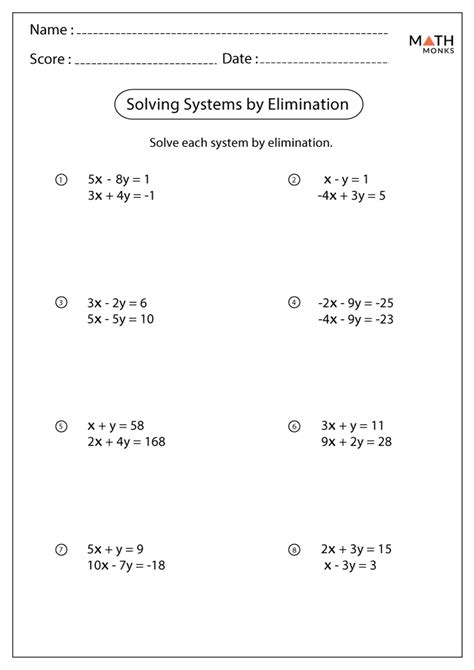 solving systems of equations by elimination worksheets - kindergarten ...