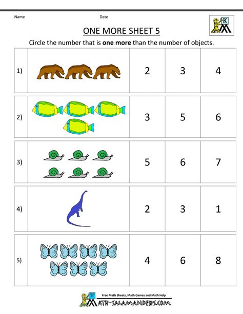 Kindergarten Math Worksheets Printable - One More