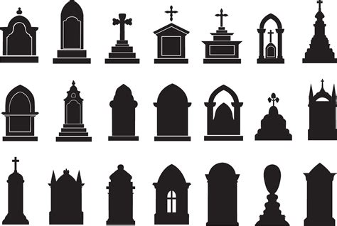 Set of tombstone silhouettes. Tombstone icons set. Flat black vector ...