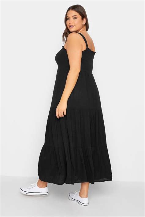 YOURS Curve Plus Size Black Shirred Strappy Midi Dress | Yours Clothing