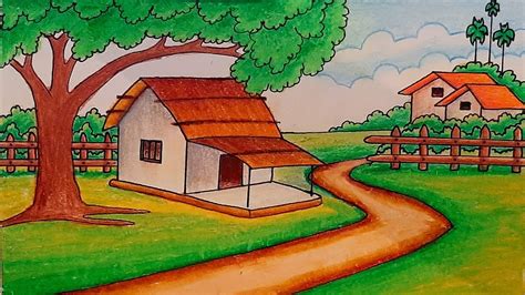 How to draw easy scenery drawing with beautiful landscape village ...