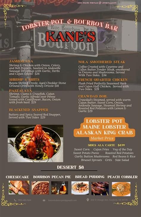 Menu at Kane's Lobster Pot & Bourbon Bar, Gaylord