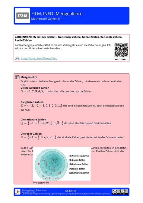 Arbeitsblatt - Mengenlehre - Mathematik - Zahlen - mnweg.org