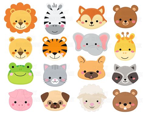 Animal faces Clipart Safari animals cats dogs bears lamb | Etsy