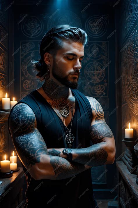 Premium AI Image | An arcane tattoo artist in a room surrounded by symbols