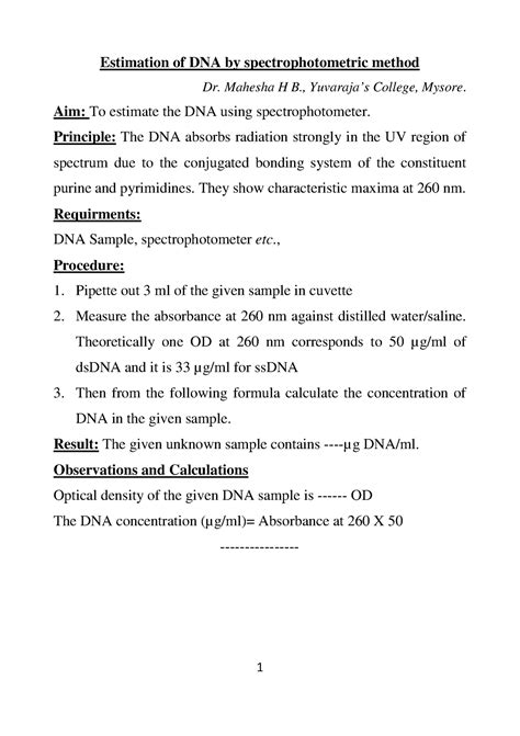 Estimation of dna by spectrophotometric method - 1 Estimation of DNA by ...