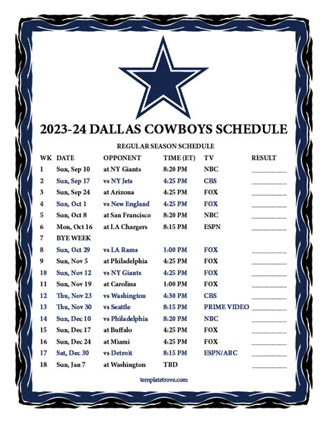 Printable 2023-2024 Dallas Cowboys Schedule